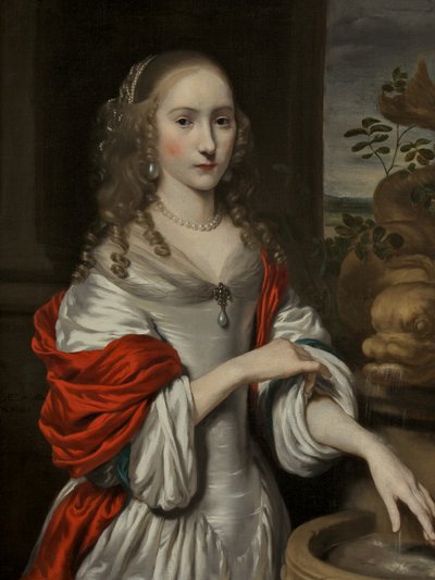 Portrett av en ung jente, stående nær en fontene av Nicolaes Maes