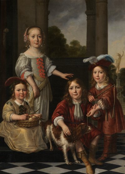 Portrett av fire barn (olje på lerret) av Nicolaes Maes