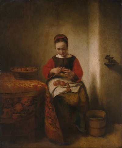 Ung kvinne som skreller epler, ca. 1655. av Nicolaes Maes