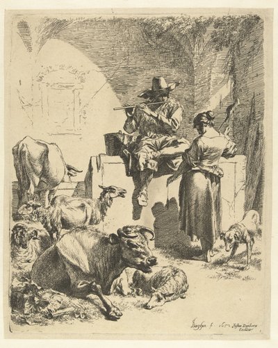 Fløytespillende hyrde og spinner av Nicolaes Pietersz Berchem
