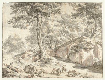 Hyrde med sauer ved en ruin mellom trærne av Nicolaes Pietersz Berchem