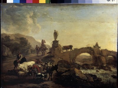 "Italiensk landskap med en liten bro" Maleri av Nicolaes (Claes) Pietersz Berchem den eldre (1620-1683) 1656 Mål 44,5x61 cm Eremitagemuseet, St. Petersburg av Nicolaes Pietersz. Berchem