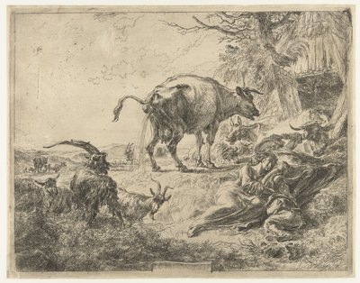 Sovende gjeterfamilie og hvilende husdyr av Nicolaes Pietersz Berchem