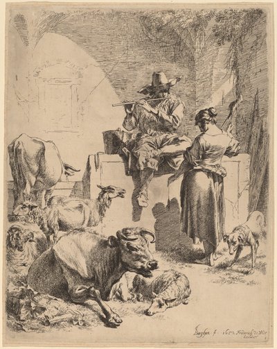 Hyrden sitter på en fontene og spinneren av Nicolaes Pietersz Berchem