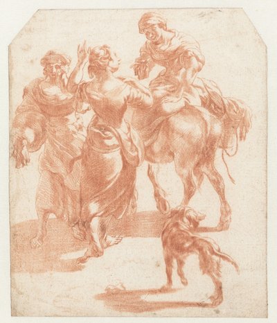 To kvinner som går og en kvinne på et esel av Nicolaes Pietersz Berchem