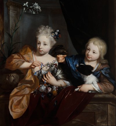 En ung gutt og jente i en arkitektonisk setting av Nicolaes Verkolje