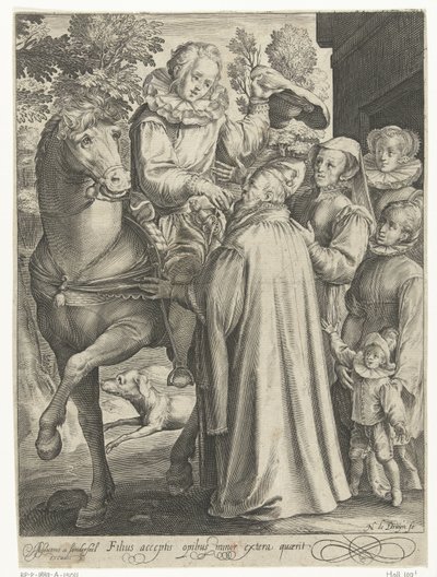 Den bortkomne sønnen mottar arven sin og drar på reise Filius acceptis opibus minor extera quaerit (tittel på objekt) Tale of the Prodigal Son (serietittel) av Nicolaes de Bruyn