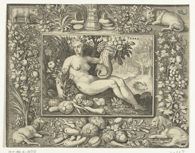 Element jord som en naken kvinne med overflødighetshorn Terra (tittel på objekt) The Four Elements (serietittel) av Nicolaes de Bruyn