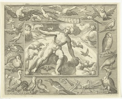 Element av luft som en ung mann på skyer mellom flygende fugler Aer (tittel på objekt) The Four Elements (serietittel) av Nicolaes de Bruyn