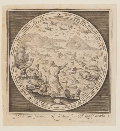Femte dag: Skapelsen av fugler og fisk, fra skapelsen til utvisningen fra paradiset av Nicolaes de Bruyn