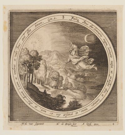 Fjerde dag: Skapelsen av solen, månen og stjernene, fra skapelsen til utvisningen fra paradiset av Nicolaes de Bruyn