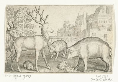 Hjort, pinnsvin, sau, frosk og gris Animalivm qvadrvpedvm (serietittel) Dyr i landskap (serietittel) av Nicolaes de Bruyn