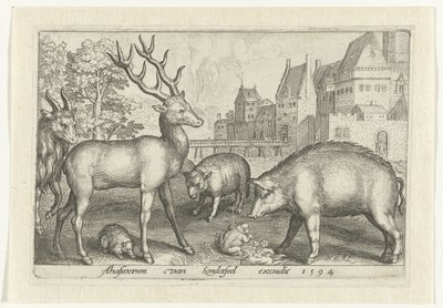 Hjort, pinnsvin, sau, frosk og gris Animalivm qvadrvpedvm (serietittel) Dyr i landskap (serietittel) av Nicolaes de Bruyn