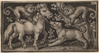 Hest med to aper og en hund av Nicolaes de Bruyn