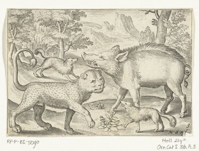 Leopard, villsvin og hunder Animalivm qvadrvpedvm (serietittel) Dyr i landskap (serietittel) av Nicolaes de Bruyn