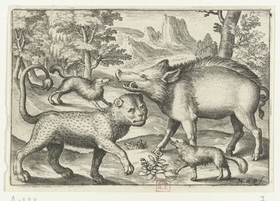 Leopard, villsvin og to hunder Animalivm qvadrvpedvm (serietittel) Dyr i landskap (serietittel) av Nicolaes de Bruyn