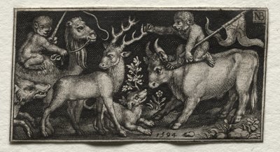 Aper som rir på en kamel og en okse av Nicolaes de Bruyn