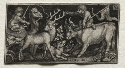 Aper som rir på en kamel og en okse, 1594. av Nicolaes de Bruyn