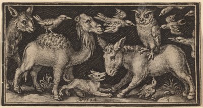 Ugle på ryggen av esel, fugl på ryggen av kamelen med andre dyr av Nicolaes de Bruyn