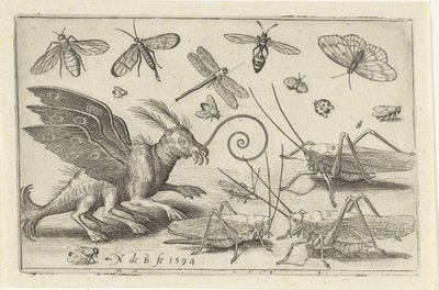Gresshopper og fantasiskapninger med vinger og svømmehud Fugler og insekter (serietittel) av Nicolaes de Bruyn
