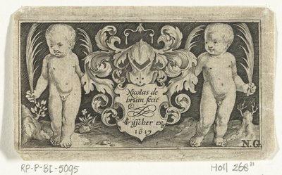 Titteltrykk med to barn med palmeblad ved siden av våpenskjoldet Frisere med barn, engler og dyr (serietittel) av Nicolaes de Bruyn