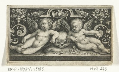 To barn slåss, rir på bukker, flankert av barn som blåser i trompeter Frisere med barn, engler og dyr (serietittel) av Nicolaes de Bruyn