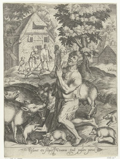 Den fortapte sønn som svinegjeter Pasceret vt siliquis ventrem fyller pascere porcos (tittel på objekt) Tale of the Prodigal Son (serietittel) av Nicolaes de Bruyn