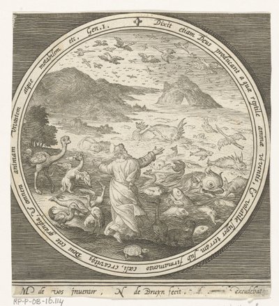 Skapelsens femte dag: Gud skaper fisk og fugler fra skapelse til utvisning fra paradis (serietittel) av Nicolaes de Bruyn