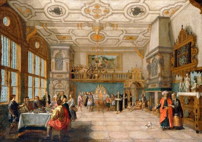 Lazarus ved døren til en selskapslokale med spisestue med elegante figurer, 1622 av Nicolaes de Gyselaer
