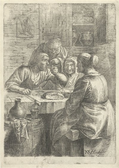 Tre gamle kvinner spiser ved et bord av Nicolaes van Haeften