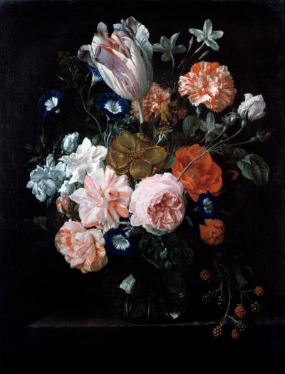 En tulipan, nelliker og morgenglans i en glassvase, 1600-tallet. av Nicolaes van Veerendael