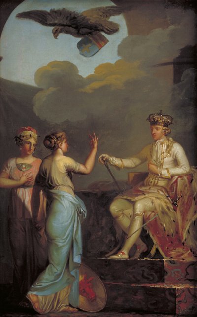 Christian VII forente hertugen med den kongelige delen av Holstein i 1773 av Nicolai Abildgaard
