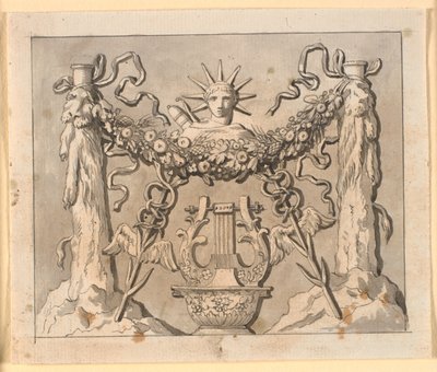 Dekorativ komposisjon med støttene til Herakles, leder av Apollo og forskjellige attributter av Nicolai Abildgaard
