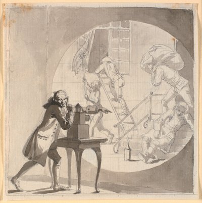 En mann med en laterna magica viser et tyveri som finner sted under nesen til den sovende vakten av Nicolai Abildgaard