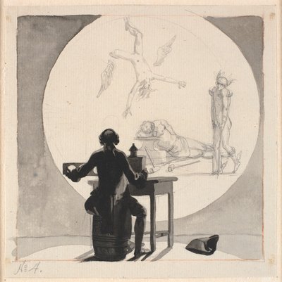 En mann med en laterna magica viser et bilde av nedgangen i handel og håndverk - den lamme Mercury, den sovende Vulcan, etc. av Nicolai Abildgaard