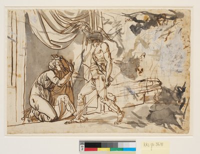 En soldat finner Claudius, som frykter å bli keiser, gjemt bak et forheng av Nicolai Abildgaard