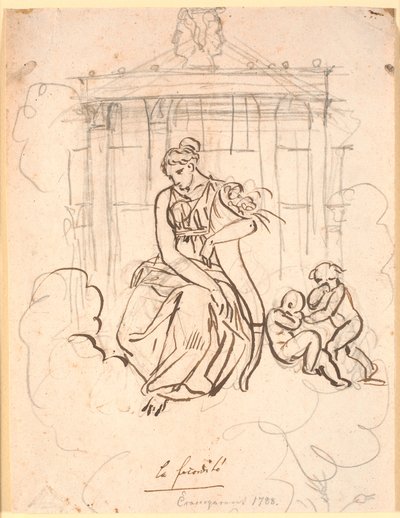 Fruktbarhetsgudinnen, som sitter foran Janus-tempelet med et par lekne (små) barn av Nicolai Abildgaard