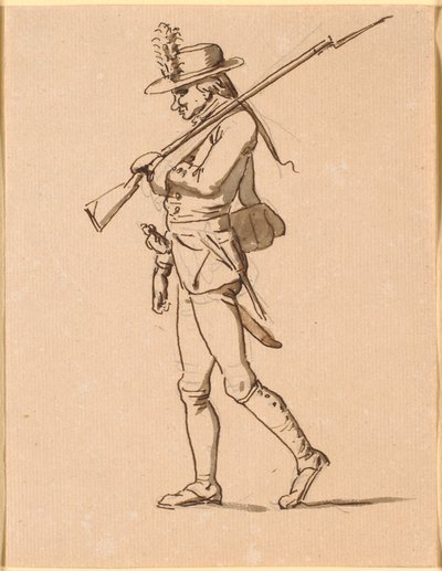 Karikatur av en soldat i profil til venstre. Venstre arm er bandasjert, men han bærer en rifle. av Nicolai Abildgaard