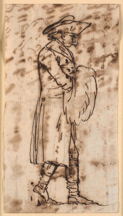 Karikatur med en gående mann med hendene i en muffe, i profil t.h. av Nicolai Abildgaard