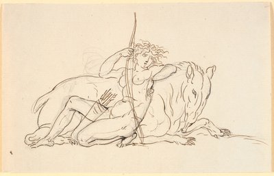 Kvinnefigur med piler og kogger, sittende lent mot et imaginært dyr (eventuelt en maursluker). Allegori av Amerika av Nicolai Abildgaard