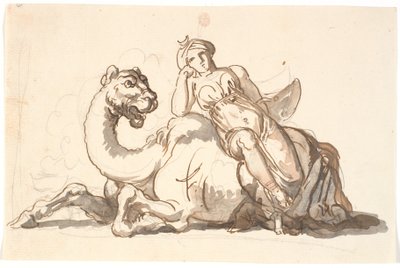 Kvinnefigur med turban og halvmåne, sittende lent mot en fantastisk kamel. Allegori av Asia av Nicolai Abildgaard