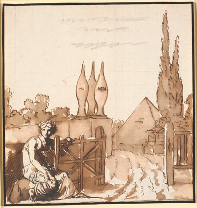 Målet med livsløpet. Allegorisk tegning. En kvinne åpner leddet til en kirkegård med metæ og pyramide av Nicolai Abildgaard