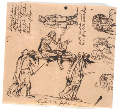 Rettferdighetens triumf. Fire væpnede menn bærer en båre, med en utstrakt og en sittende figur av Nicolai Abildgaard