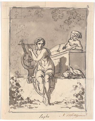 Sappho, sittende med lyren sin, i bakgrunnen hviler en hermafroditt av Nicolai Abildgaard