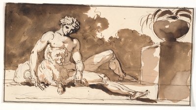 Sittende naken mann med nøkkel i hånden, puddel og t.h. en agave av Nicolai Abildgaard