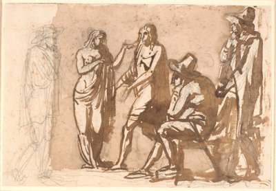 Tre herrer i kostymer fra 1600-tallet ser på et ungt klassisk par av Nicolai Abildgaard