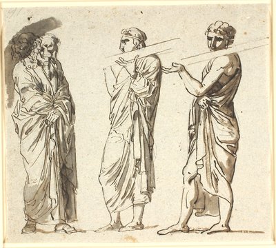 Tre menn står, de to yngre bærer hver sin planke på skulderen, den tredje eldre i en ettertenksom stilling av Nicolai Abildgaard