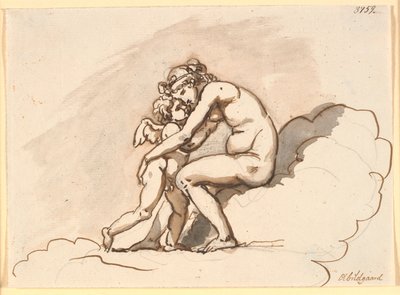 Venus, som sitter i skyene, omfavner Amor av Nicolai Abildgaard