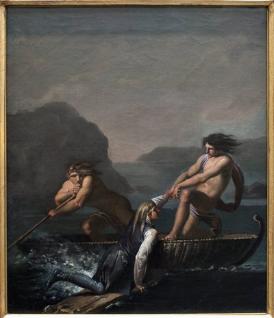Skipsvraket Niels Klim reddet av to Quamites. Utdrag fra The Underground Journey av Niels Klim av Nicolai Abraham Abildgaard