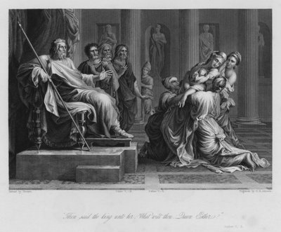 Esther før Ahasverus, Esther V, 3 (gravering) av Nicolas (after) Poussin
